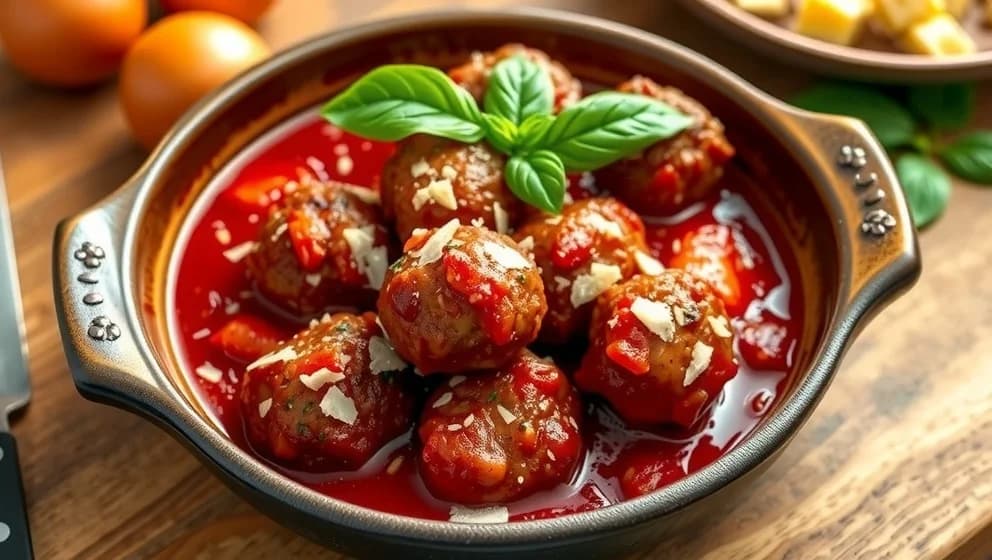 Saftiga köttbullar i tomatsås med vitlök och basilika